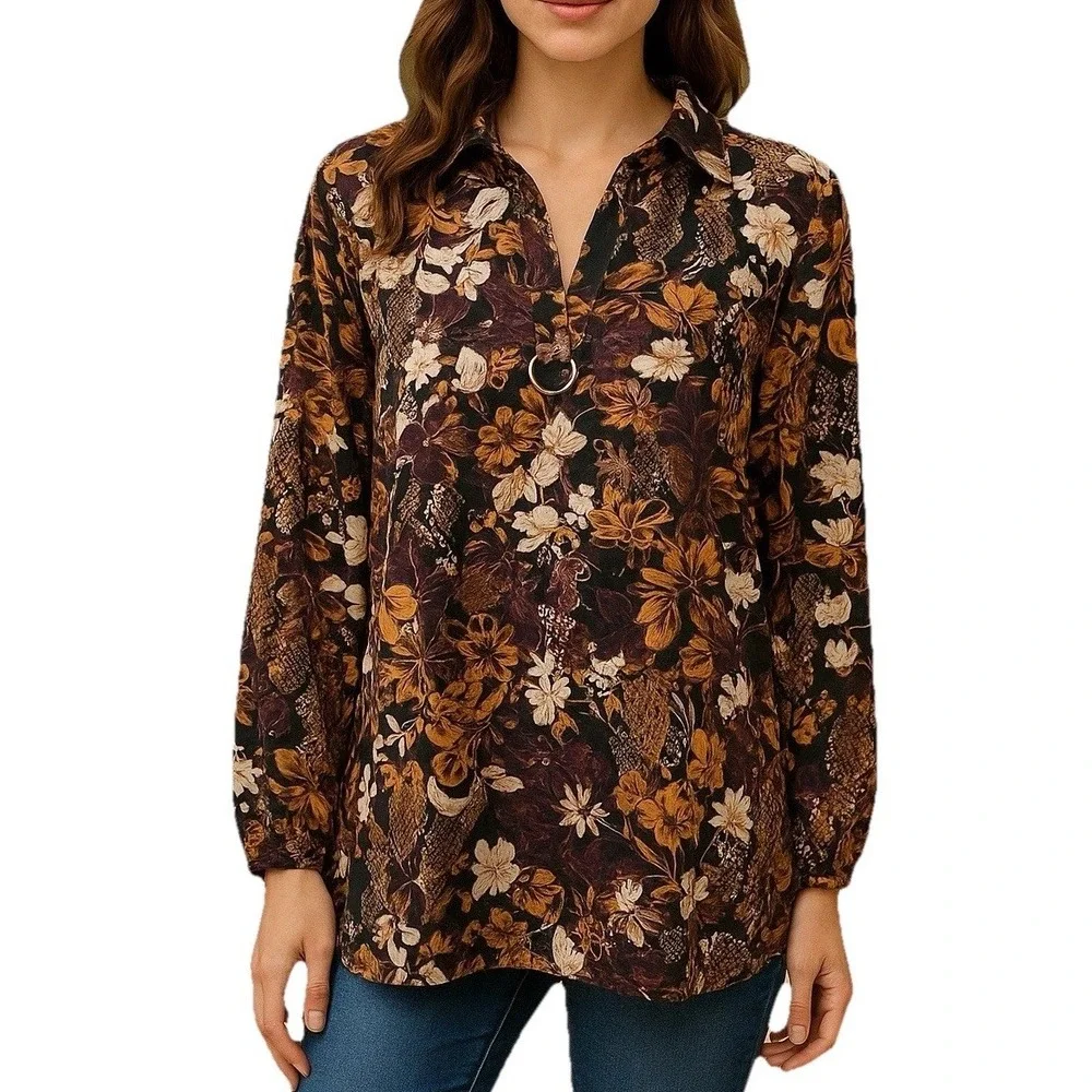 Marc New‎ York Women's Blouse Tunic Brown & Purple Floral Long Sleeve Bohemian